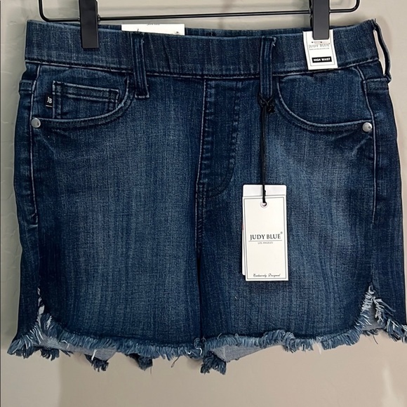 Judy Blue Shorts Denim Fray Hem Pullon Elastic Waist High Waist Dark Blue Summer - Picture 1 of 13